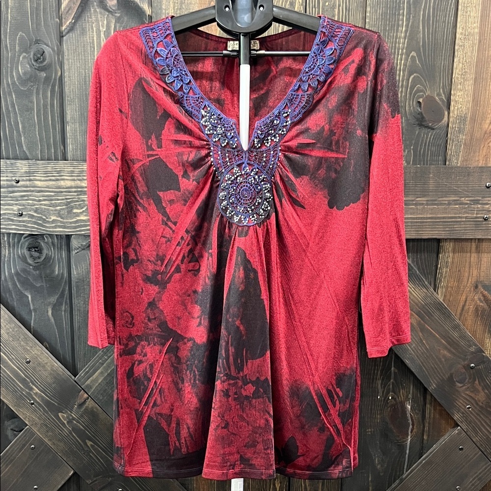 Y2K Energe Red Black Tie Dye Beaded Top XL Whimsigoth Blouse Fairy Grunge Indie